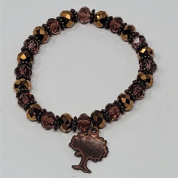 Tree of Life Necklace Bracelet Set Dark Coppertone Matinee Faceted Glass Beads - Picture 7 of 8